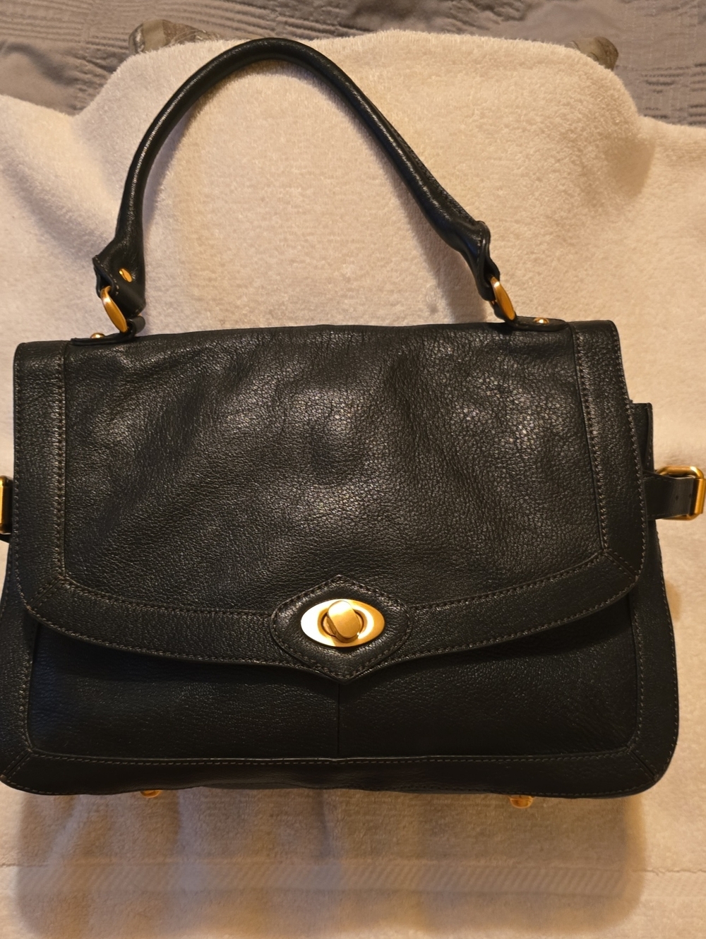 BCBG Black Pebbled Leather Shoulder Bag Turnlock Gold